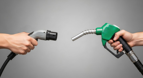Links ein E-Auto-Ladestecker, rechts eine Benzin-Zapfpistole. Das Bild zeigt den Gegensatz zwischen Elektroautos und Verbrennern.