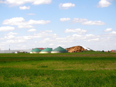 Eine Biogasanlage mit grünen Dächerm  in der Entfernung zwischen grünen Wiesen und blauem Himmel mit ein paar Wolken.