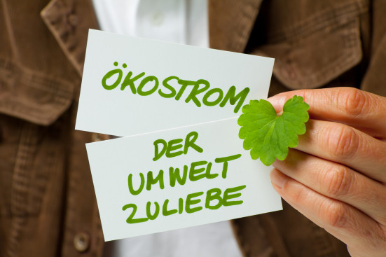 Hand hält ein grünes Blatt und zwei weiße Zettel vor dem Körper mit der grünen Aufschrift Ökostrom, Der Umwelt zuliebe