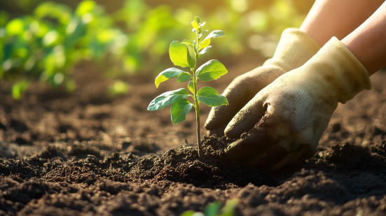 Ein Paar Hände in Gartenhandschuhen pflanzt einen kleinen grünen Setzling in fruchtbare Erde bei warmem Sonnenlicht – Symbol für Nachhaltigkeit und Umweltschutz.
