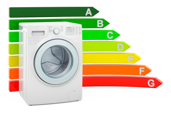 Frontansicht einer modernen Waschmaschine vor einer farbigen Energieeffizienz-Skala von grün (A) bis rot (G), die die aktuelle Klassifizierung von Haushaltsgeräten darstellt.