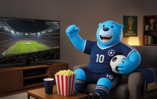 Breitbärnd im Fußballtrikot mit Popcorn vor dem Fernseher