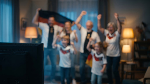 Familie in Fußballtrikots vor dem Fernseher