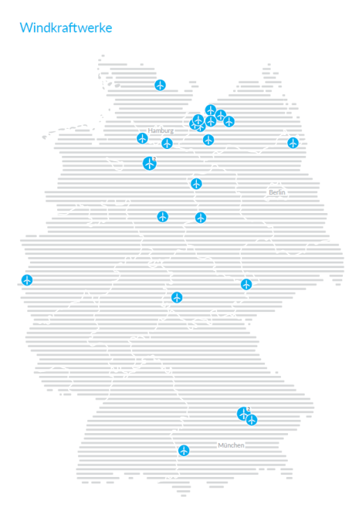 Deutschlandkarte mit markierten Windkraftwerken, die Strom für den Tarif WEMAG Ökostrom Direkt erzeugen.
