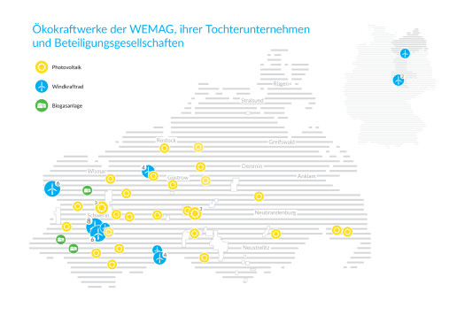Ökokraftwerke der WEMAG und Tochterunternehmen auf Karte mit Standorten von Photovoltaik, Windkraft und Biogasanlagen.