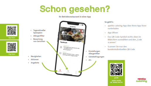 Infografik zur apetito catering-App mit QR-Codes für App Store und Play Store, Smartphone-Ansicht der App sowie Informationen zu Speiseplan, Angeboten, Allergenfilter, Gerichtsbewertungen und Gästebefragungen.
