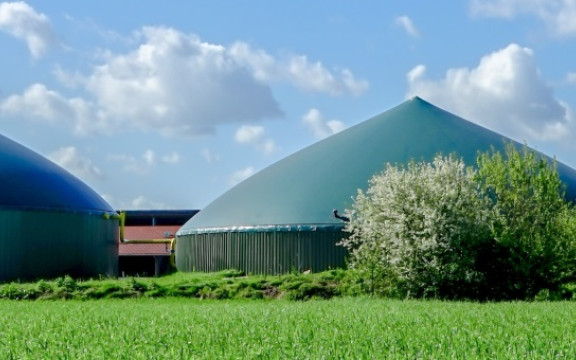 Biogasanlage mit mehreren großen, kuppelförmigen Gärbehältern in einer grünen Landschaft.