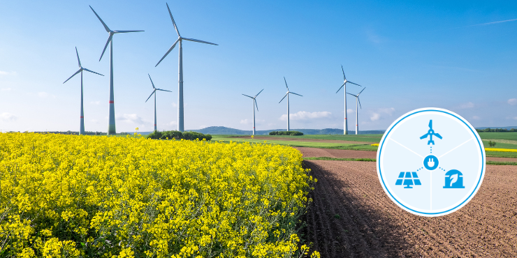 Sommerliches Kornfeld, im Hintergund blauer Himmel mit Windrädern. Unten rechts: Produktlogo rund, blau, in der Mitte ein Stecker, der zu Windrad, PV und Biogas führt.