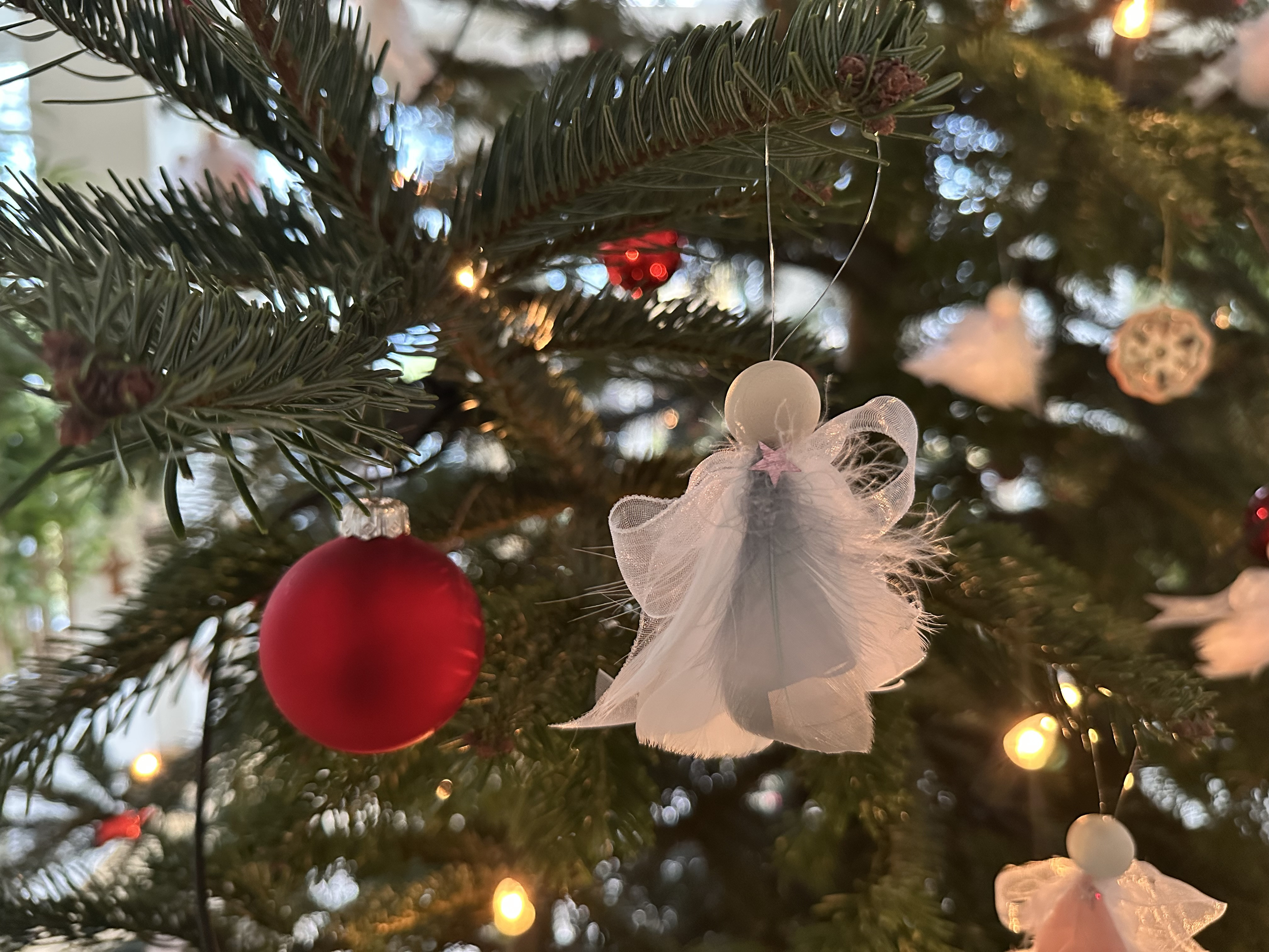 Weihnachtsbaum mit Engel und Wunschkarten.